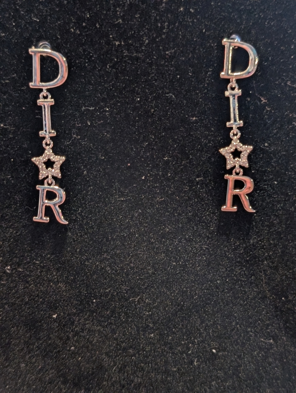 Fashion Jewelry Silver DIOR Letter Drop Earrings with Star Accents